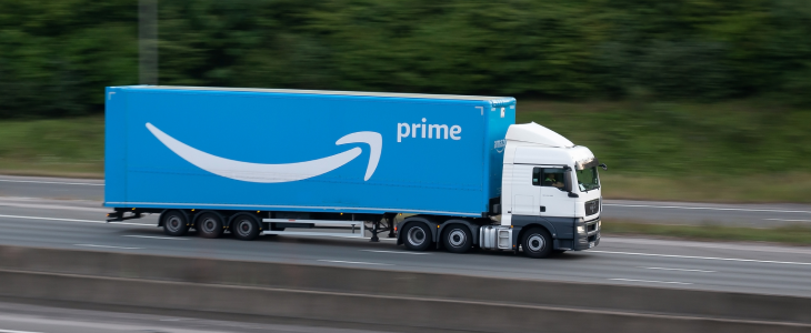 Amazon truck driving along a highway in Los Angeles