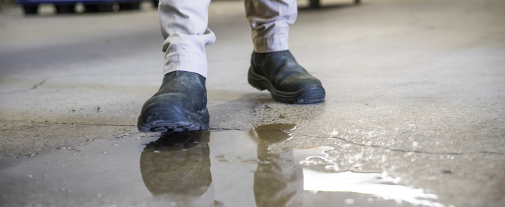 Man walking through a puddle on the concrete floor at work