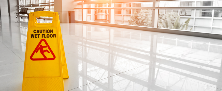 "Caution Wet Floor" sign in the middle of a workplace walkway in Los Angeles.