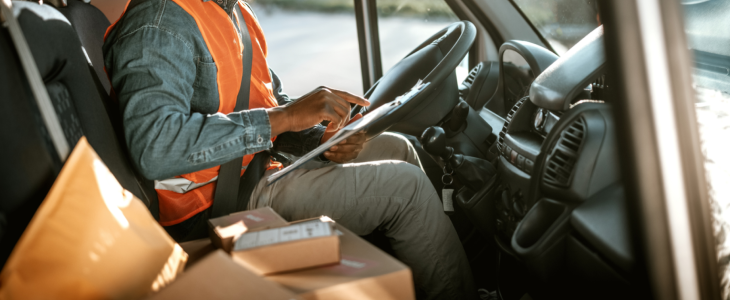 Delivery driver with boxes on the passenger street