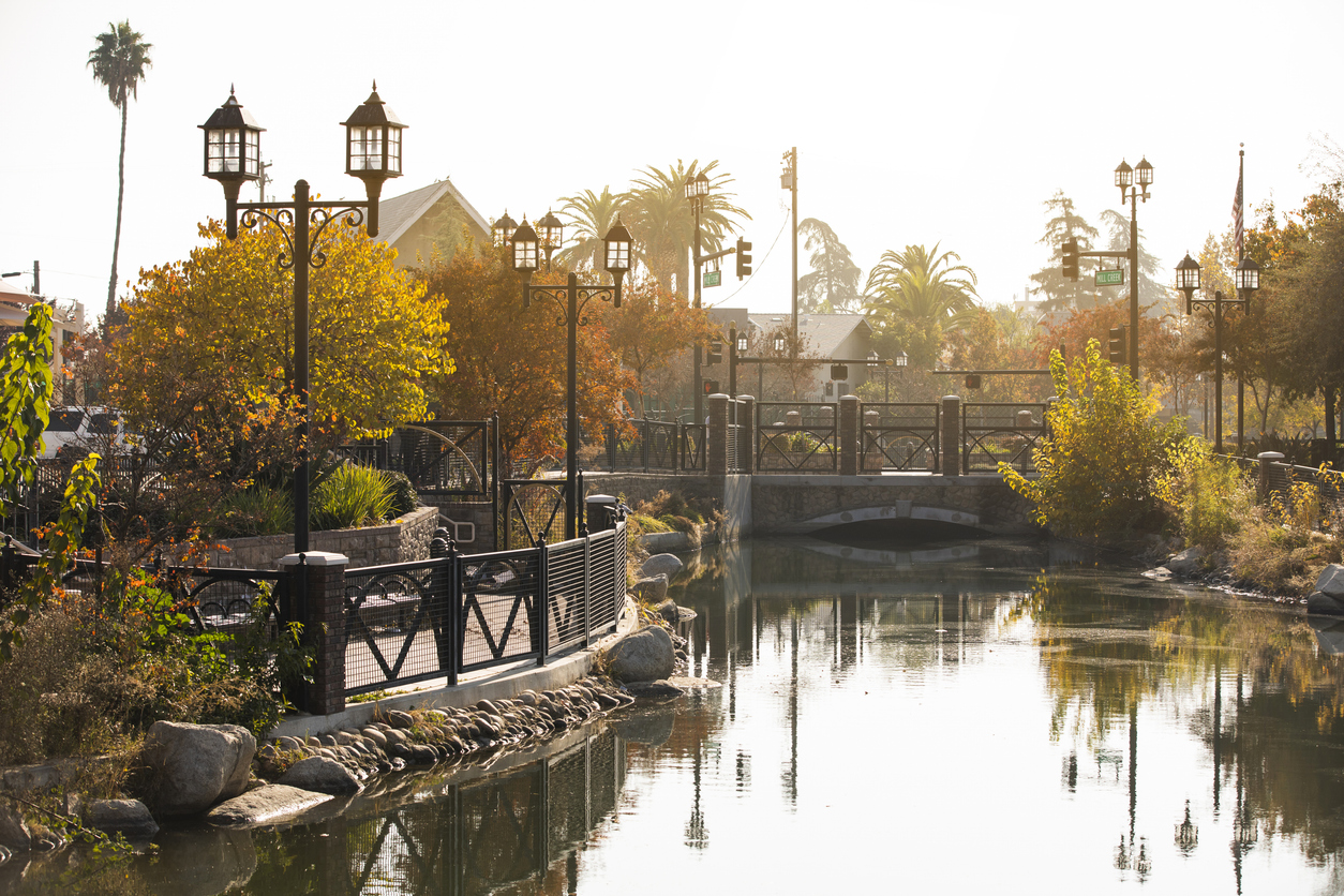 Afternoon autumn view of a public park in downtown Bakersfield, California, USA.