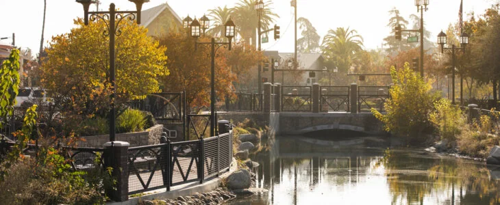 Afternoon autumn view of a public park in downtown Bakersfield, California, USA.